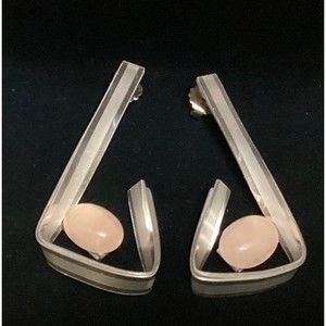 Silver Tone Ribbon Hand Crafted Art DecoStyle Pierced Earrings Pink Oval Stones